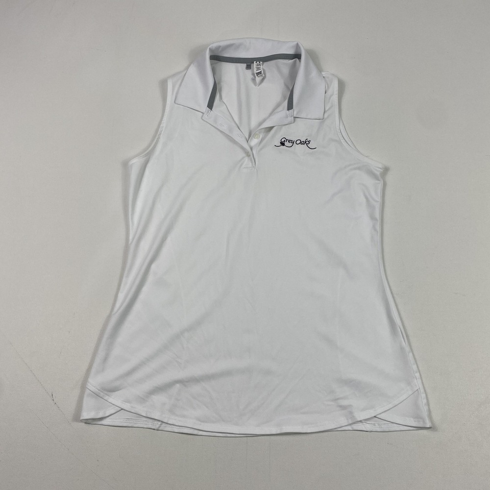Under Armour Shirt Womens Large White Sleeveless Polo Golf Grey Oaks‎ HeatGear